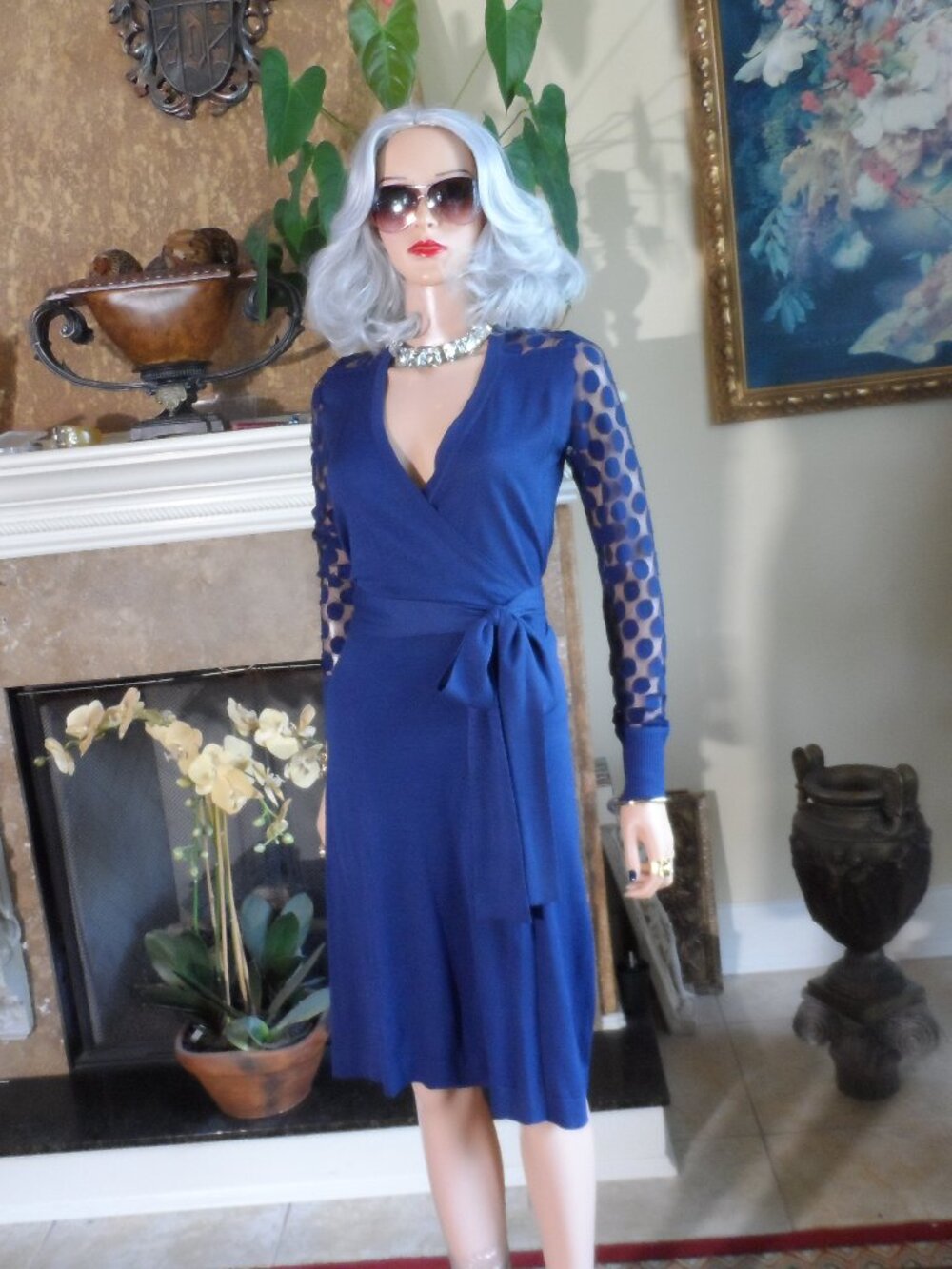 New Diane von Furstenberg Blue Silk Wrap Dress Size S